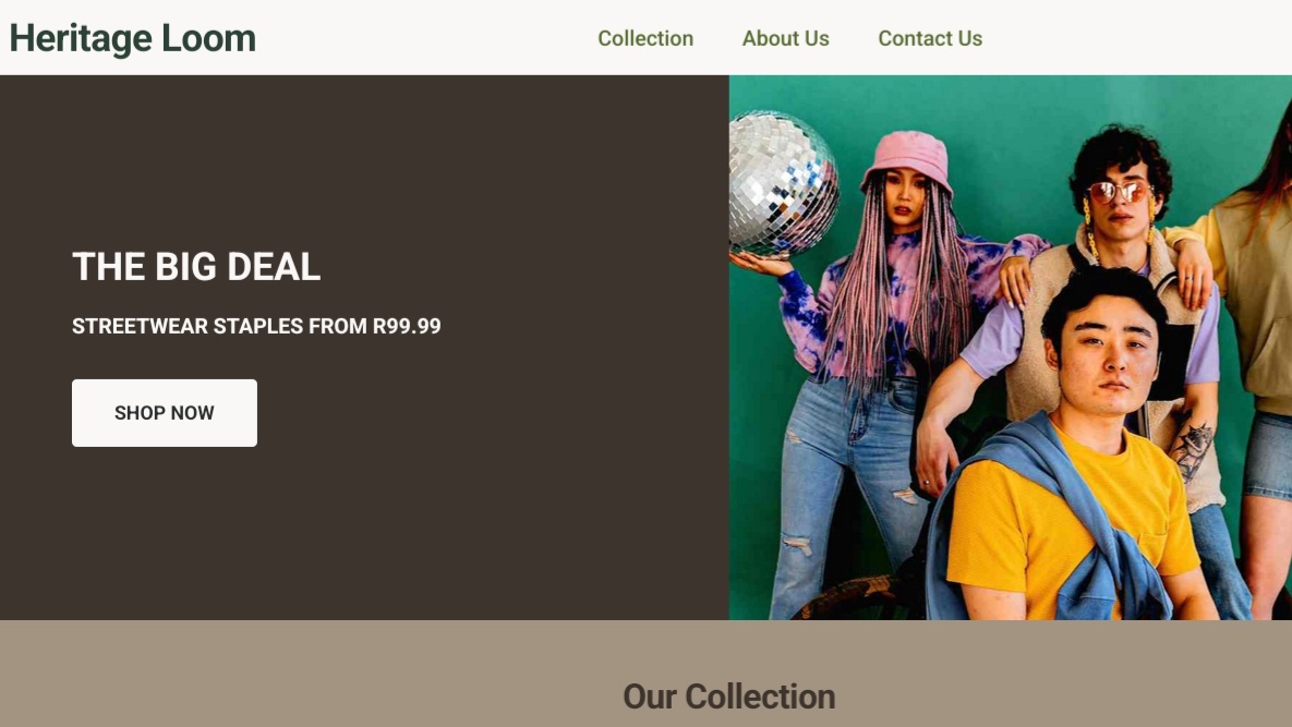 Webpage for a clothing website